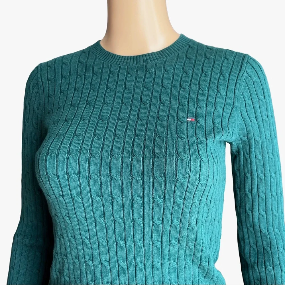 NWT Tommy Hilfiger Cable Knit Cotton Sweater Forest Green XS - Picture 3 of 7